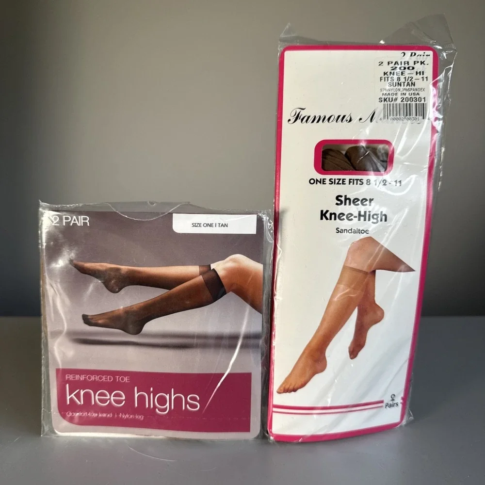 Lot Of 2 Knee Highs Hosiery Suntan Tan One Size 8.5-11 Made In USA 1990s & 2012